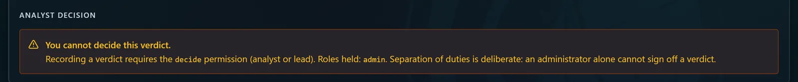 A console message reading: you cannot decide this verdict. Recording a verdict requires the decide permission, held by analyst or lead. Roles held: admin. Separation of duties is deliberate.
